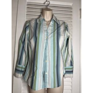 G.H. Bass Stretch Striped Button Down Shirt Collared Top Blue Green Size S